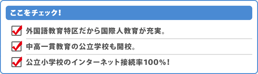 ここをチェック！・外国語教育特区だから国際人教育が充実。・中高一貫教育の公立学校も開校。・公立小学校のインターネット接続率100％！