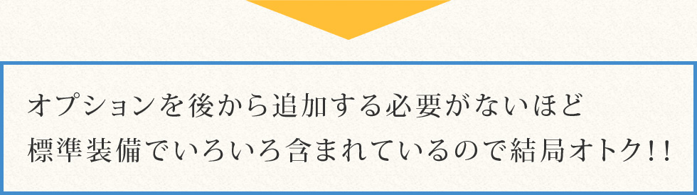 オプションを後から追加する必要がないほど標準装備でいろいろ含まれているので結局オトク！！