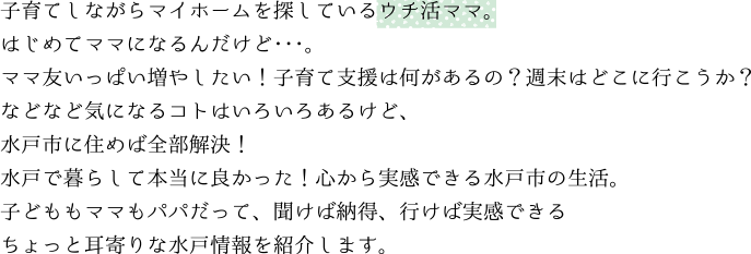 子育てしながらマイホームを探しているウチ活ママ。はじめてママになるんだけど･･･。ママ友いっぱい増やしたい！子育て支援は何があるの？週末はどこに行こうか？などなど気になるコトはいろいろあるけど、
水戸市に住めば全部解決！水戸で暮らして本当に良かった！心から実感できる水戸市の生活。子どももママもパパだって、聞けば納得、行けば実感できるちょっと耳寄りな水戸情報を紹介します。