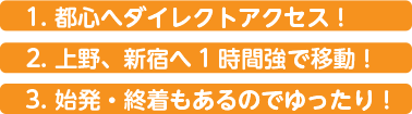 1.都心へダイレクトアクセス！2.上野、新宿へ1時間強で移動！3.始発・終着もあるのでゆったり！