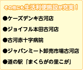 その他にも生活利便施設が充実！●ケーズデンキ古河店●ジョイフル本田古河店●古河赤十字病院●ジャパンミート卸売市場古河店●北利根北公園