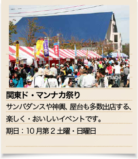 関東ド・マンナカ祭り サンバダンスや神輿、屋台も多数出店する、楽しく・おいしいイベントです。期日：10月第2土曜・日曜日