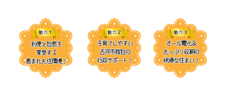 魅力1 利便と自然を享受する恵まれた住環境！
魅力2 子育てしやすい古河市独自の行政サポート！
魅力3 オール電化＆たっぷり収納の快適な住まい！